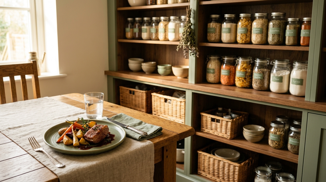 A beautifully organized kitchen pantry next to a stunning plated dinner